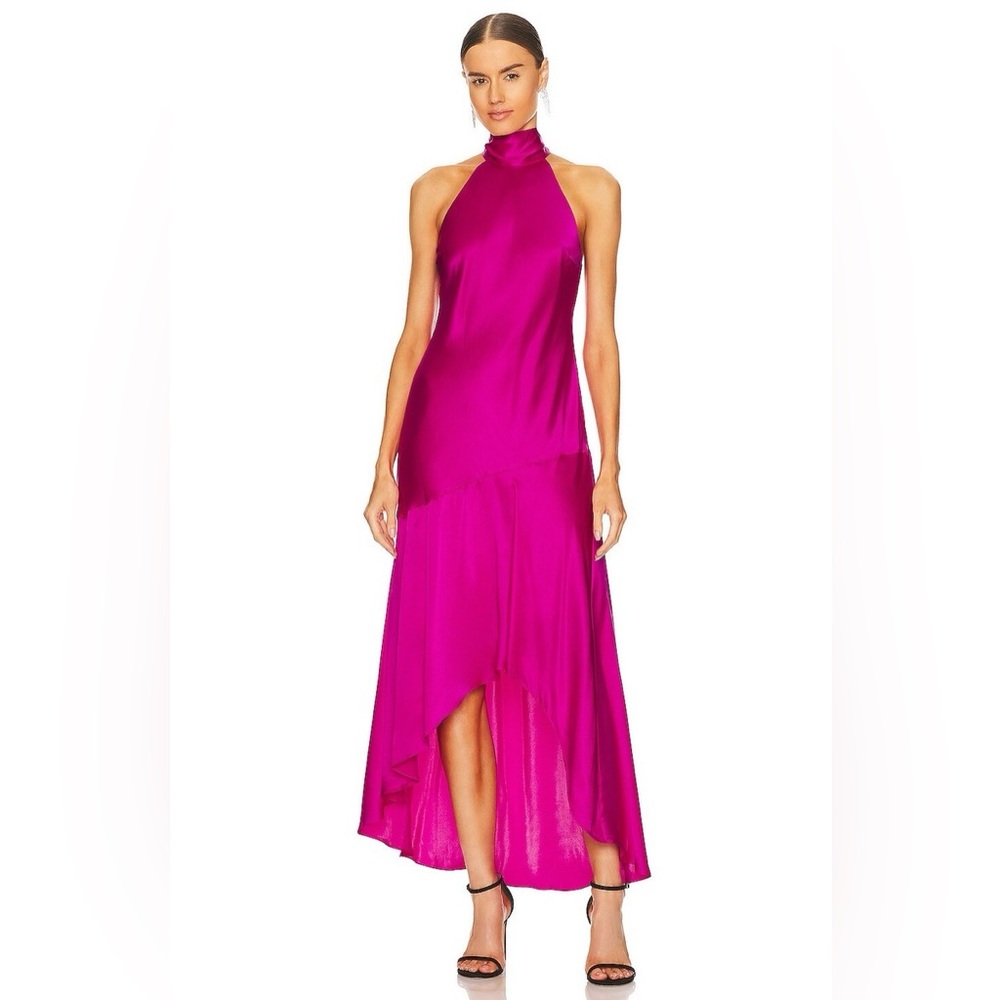 FRAME Silk High-Low Halter Midi Dress